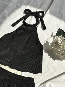 Flirla Conjunto de top halter y pantalones cortos sencillos para mujer