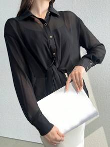 Seusyu Women's Simple Solid Color Long Sleeve Buttoned Shirt - Black - View 1