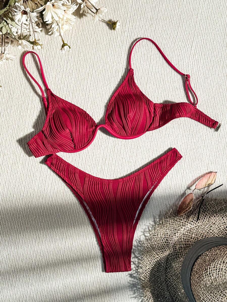 Swim Basics 2-Piece Women Summer Beach Solid Textured Sexy Bikini Swimwear Set, Push-Up, With Underwire - Burgundy - View 1