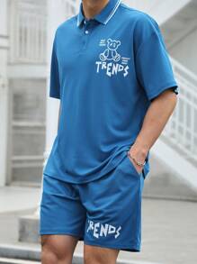 Manfinity Homme Set de cămașă polo și pantaloni scurți casual de vară pentru bărbați, cu imprimeu cu litere și urs - Albastru - Vizualizare 3