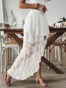 Breezaya Women Holiday Solid Color Lace High-Low Skort With Elegant Appearance