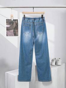 SHEIN Teen Boy Fashionable Casual Street Nostalgic Letter Print Cut Out Ripped Frayed Baggy Jeans For Summer Vacation And Dailywear