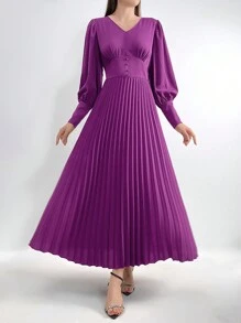 Modelyn 女士时尚优雅长袖阿拉伯连衣裙 - 中紫紅色 - 查看 1