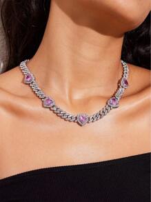 SHEIN X SAMADHI SHEIN ICON Collar con cadena de aleación en forma de corazón de estrás con circonia cúbica rosa