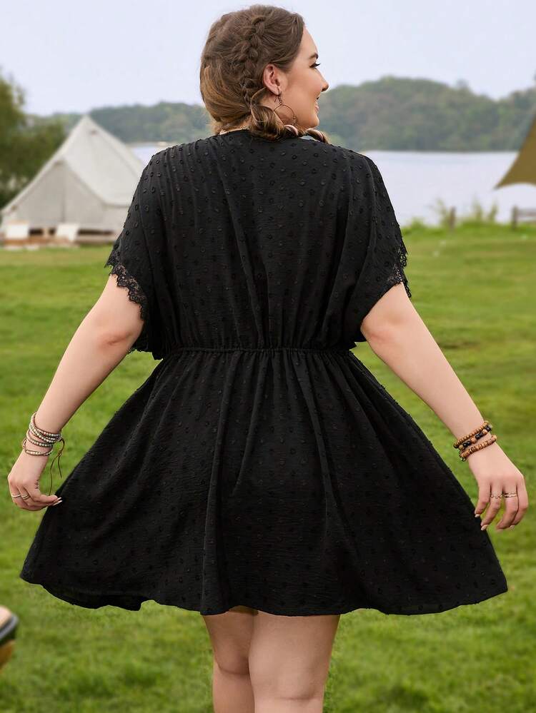 Plus Size Women Loose Drawstring Belt Batwing Sleeves Lace Splice Holiday Style Black Bicolor Clipped Texture Semi-Sheer Shirt For Summer Beach Outfits