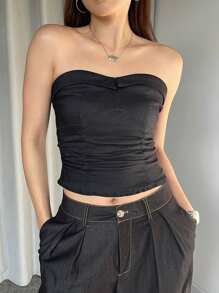 DAZY Dames zomer effen kleur rekbare ruches slim fit cropped tube top