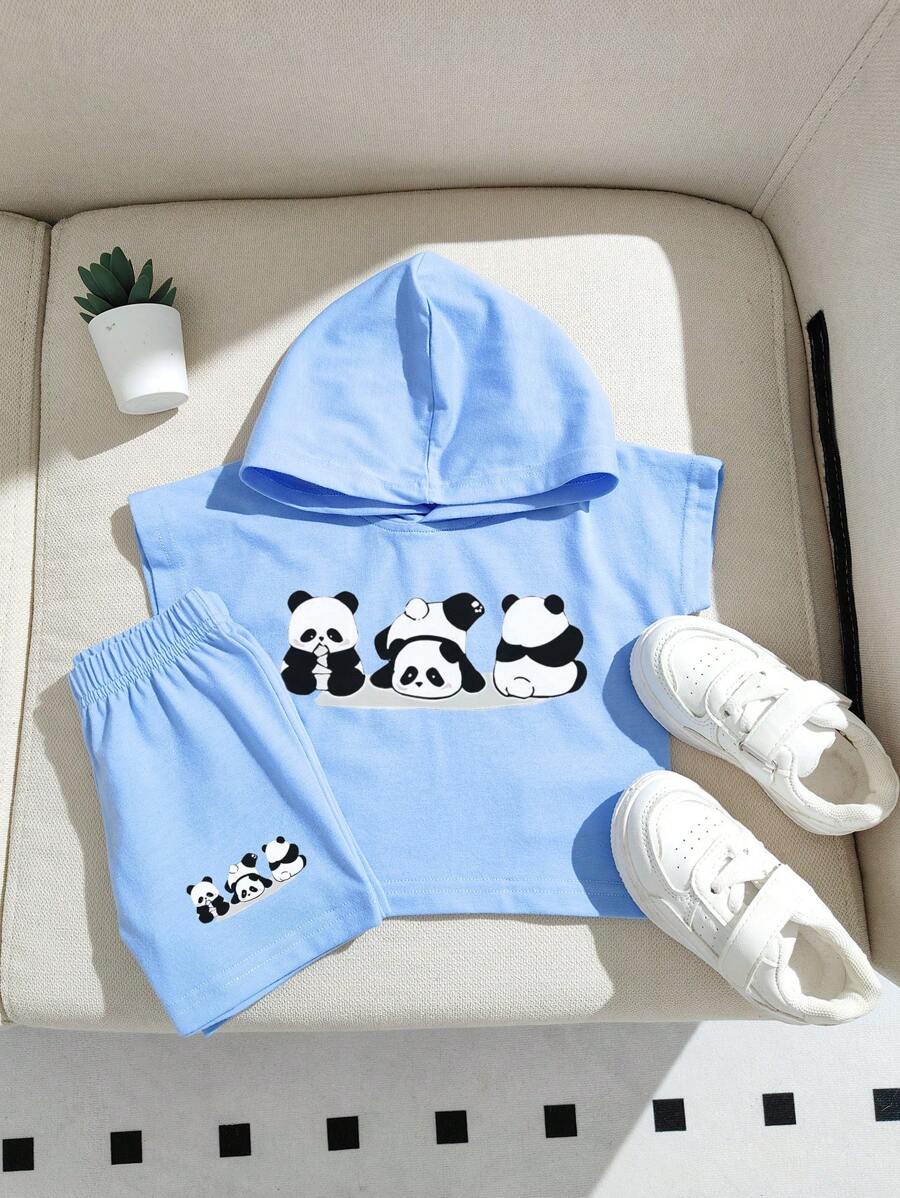 Traje de dos piezas para bebé niño con estampado de panda lindo, capucha, color celeste, casual, ideal para primavera/verano, moderno y versátil - Azul - Ver 1