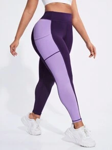 Easithlete Plus Size Sports Purple-Red Compression Leggings With Pocket And Split Design For Yoga - Purple - View 5