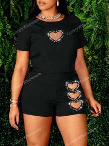 LovelyWholesale 2pcs/Set Women Heart Rhinestone Decorated Short Sleeve T-Shirt And Shorts