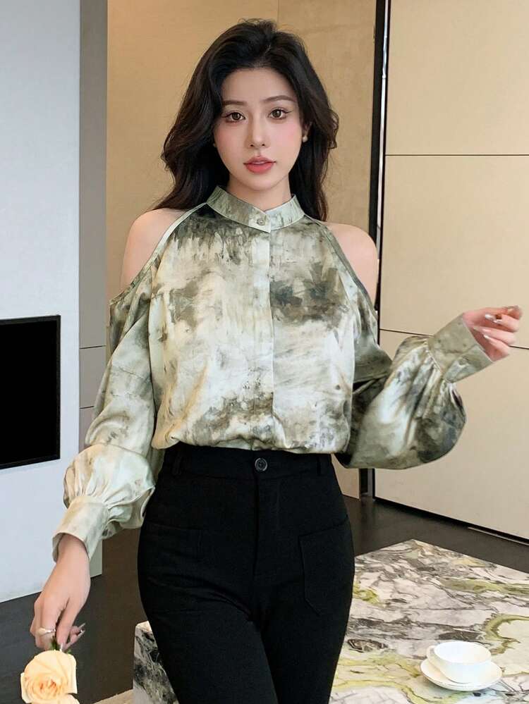 Tie-Dyed Cold Shoulder Stand Collar Shirt,Fall Clothes Long Sleeve Top Graphic Tee