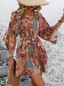 SHEIN LUNE Vestido recto holgado de manga murciélago con cuello en V y estampado de plantas para mujer en vacaciones de verano