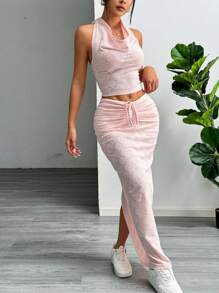 Flirla Women Summer Halter Neck Sleeveless Top With Drawstring Waist Long Skirt 2pcs Casual Set
