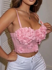 Yuwenier 纯色网纱 3D 花朵珍珠吊带露背塑身胸衣短款吊带背心，适合音乐节、婚礼季等场合，女士休闲粉色夏季穿搭 - 粉色 - 查看 6