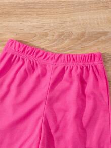 SHEIN Conjunto de 3 piezas para niña preadolescente: Top de tirantes con mangas cortas de malla con letras impresas y shorts de malla de moda - Rosa Fucsia - Ver 8