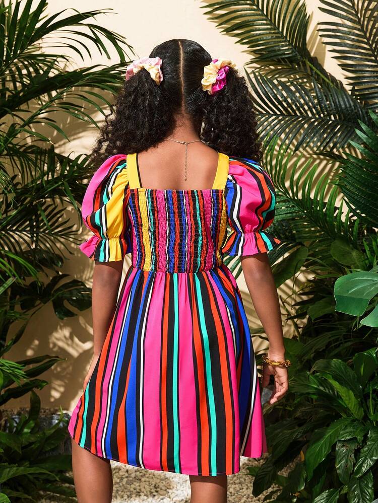 Tween Girl Vacation Casual Spring/Summer Woven Striped Square Neck Short Sleeve Dress