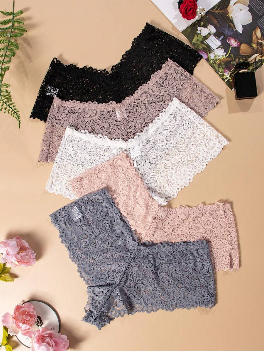 5pcs/Pack Plus Size Solid Color Lace Everyday Underwear - Multicolor - View 1