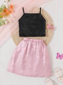 SHEIN Young Girl Solid Color Spring/Summer Halter Top And Bowknot Skirt Two-Piece Set - Multicolor - View 2