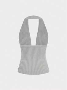 SHEIN Unity Summer Beach Ribbed Knit Top With Front Tie Backless Design And Halter Neck - Light Grey - View 2