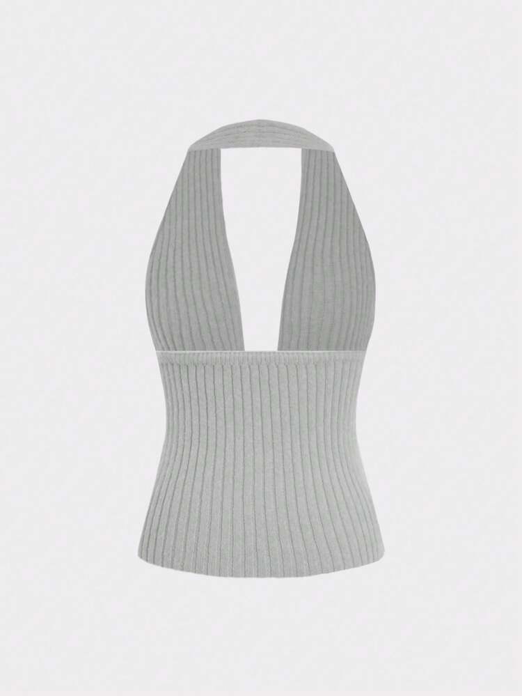 Summer Beach Ribbed Knit Top With Front Tie Backless Design And Halter Neck