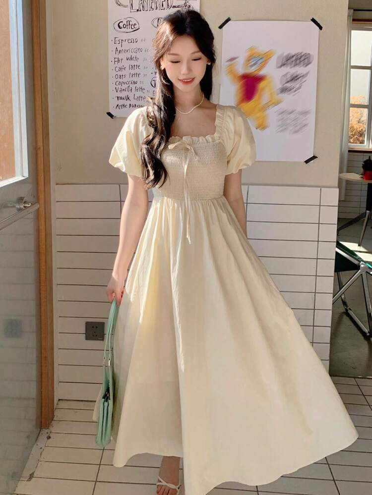 Square Neckline Cinching Waist A-Line Dress,Milkmaid Dress Sundress,Casual Women Dresses Maxi Dress