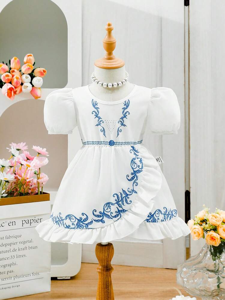 Baby Girl Woven Classic Pattern Lovely Puff Sleeve Ruffle Trim Daily Casual Dress, Spring/Summer