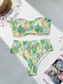 SHEIN Swim Women's Floral Print Ruffle Bandeau Bikini Set With Low Waist Bottoms, Perfect For Vacation,Summer Beach - Multicolor - View 1