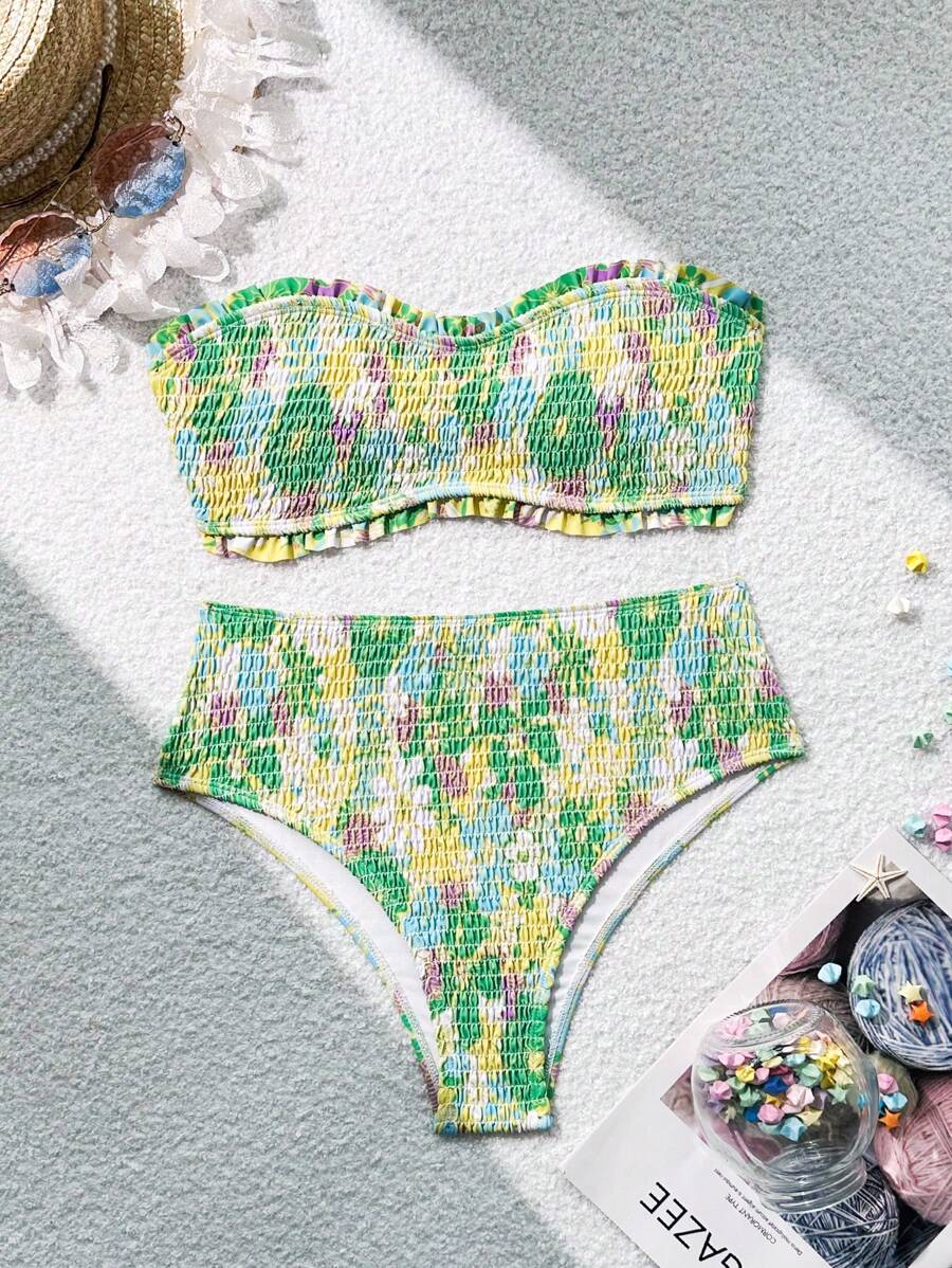 SHEIN Swim Women's Floral Print Ruffle Bandeau Bikini Set With Low Waist Bottoms, Perfect For Vacation,Summer Beach - Multicolor - View 1