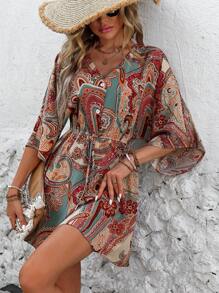 SHEIN LUNE Vestido recto holgado de manga murciélago con cuello en V y estampado de plantas para mujer en vacaciones de verano