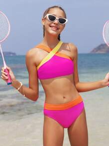 SHEIN Conjunto de bikini sin aros de bloques de color para adolescente, conjunto de bikini para playa y ocio en verano, playa de verano