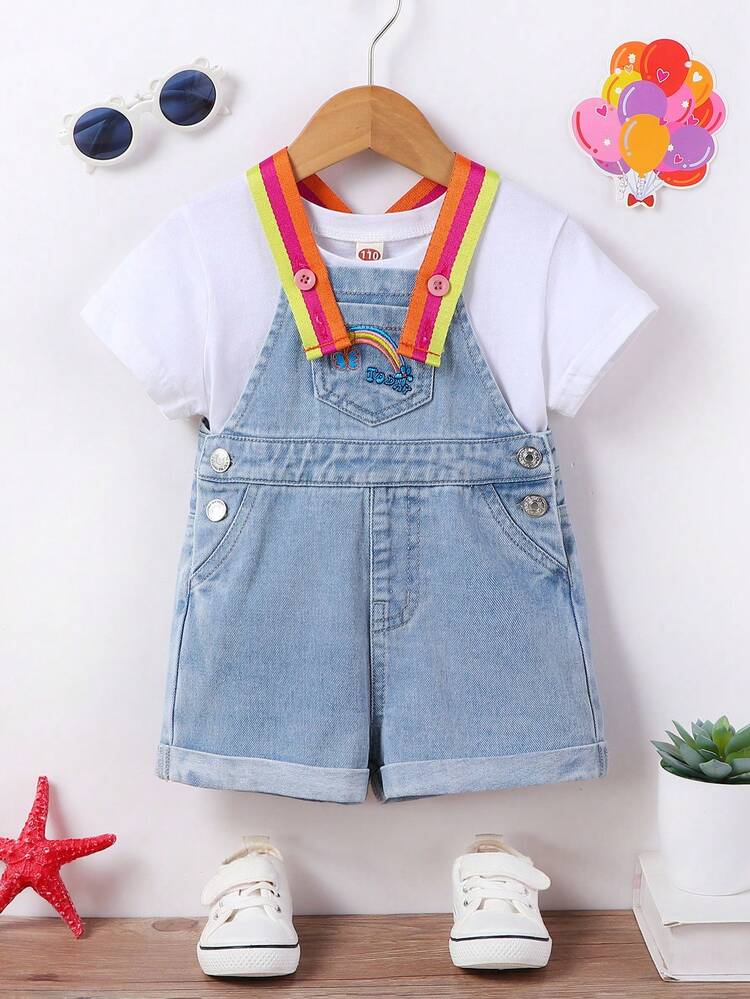 Baby Girl Casual Rainbow Embroidery Flat Pocket Jeans Dungaree With Colorful Shoulder Straps And Rolled Hem, Summer