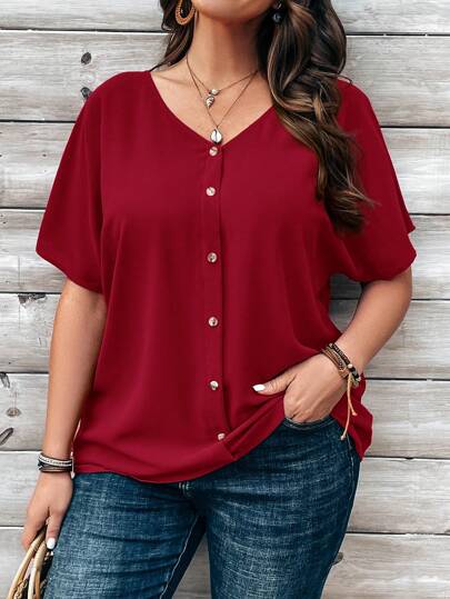 EMERY ROSE Blusa de Manga Curta com Botões Decorativos Laranja, Tamanhos Grandes, para Primavera