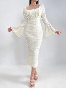 Modelyn 女士时尚纯色长袖喇叭裙长款晚礼服 - 白色 - 查看 4