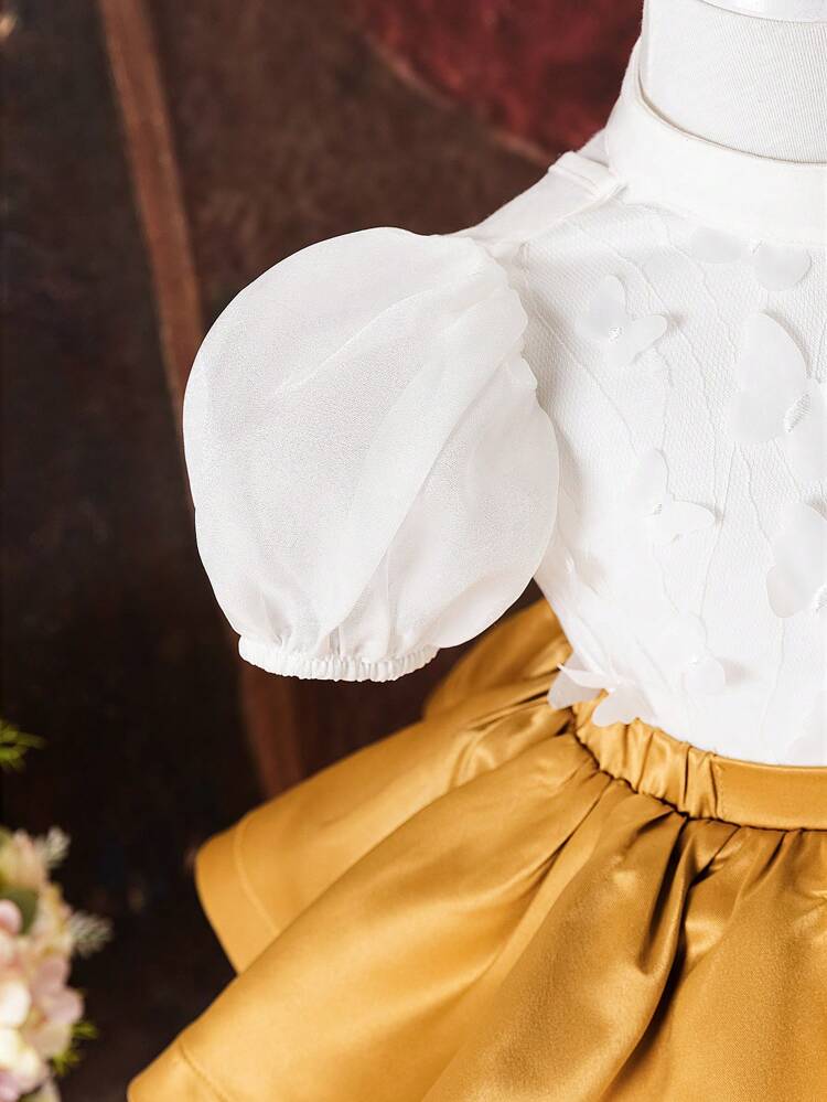 Baby Girl Luxurious And Elegant Satin Splicing Mesh Bubble Sleeve Top And Elastic Waist Double-Layered Skirt Suit, Suitable For Summer