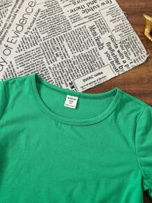 SHEIN Camiseta de manga corta de cuello redondo de color verde liso informal para niños pequeños, adecuada para verano