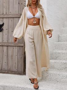 Breezaya Bộ kimono dài tay đèn lồng màu trơn với quần ống rộng cho kỳ nghỉ và giải trí - Màu be - Xem 4