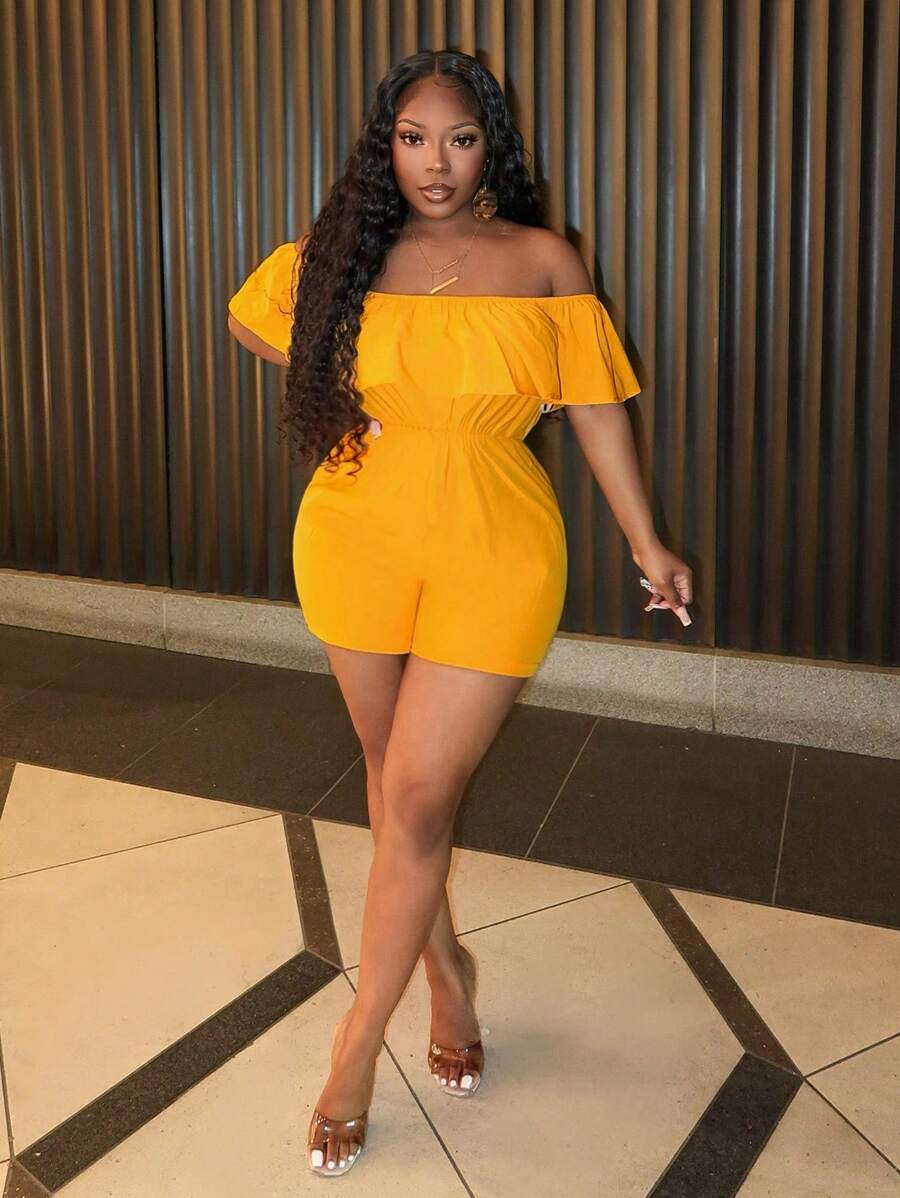 Slaydiva Off-The-Shoulder Orange Women Jumpsuit With Ruffle Trim For Vacation - Orange - View 1
