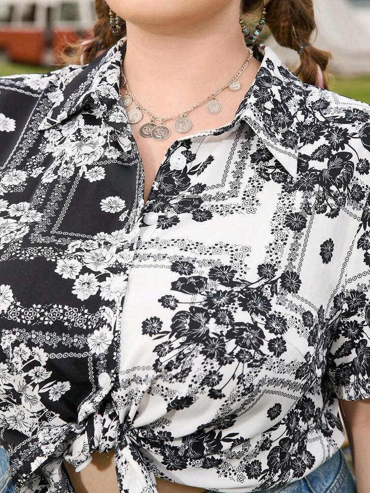 Leisure Holiday Music Festival Bohemian Black And White Contrast Color Plus Size Open Placket Loose And Comfortable Shirt