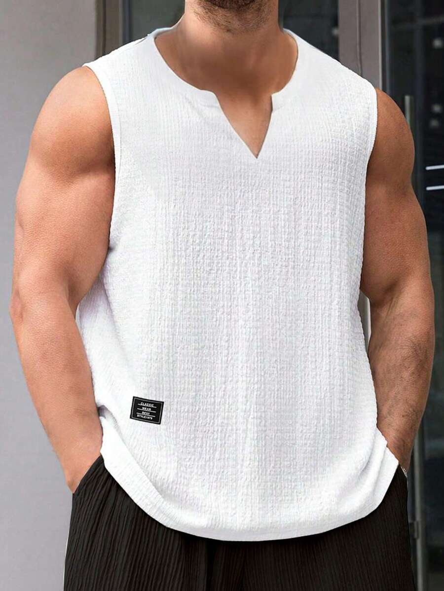 Manfinity Homme Men's Solid Color Plain Notched Neck Letter Patched Summer Sleeveless Casual Tank Top, For Workout - White - View 1