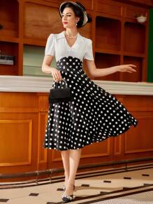 Vintamour Vestido elegante vintage de mujer, estampado de lunares en blanco y negro, camisa de cuello V, vestido trapecio de manga corta con parches, para invitada de boda, fiesta, verano, eventos, día del país, trabajo, recepción de boda, vestido de verano, vestido largo de una pieza, vestido de graduación - Blanco y Negro - Ver 8