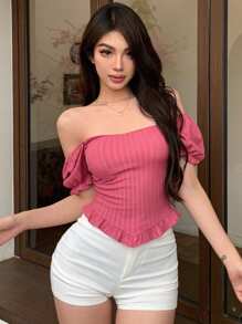 DAZY 女士蕾丝装饰短款上衣 外出上衣 节日 - 玫紅色 - 查看 3