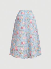 SHEIN MOD Conjunto de camisa azul con estampado floral, decoración de botones y dobladillo en forma de arco, y falda plisada para primaveraverano - Multicolor - Ver 6