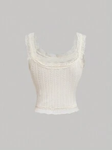 SHEIN MOD 米白色蕾絲修飾提花紋背心，配帶絲帶蝴蝶結和絲質飄帶裝飾