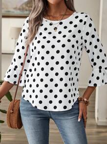 EMERY ROSE 女士鬆緊圓點印花度假時尚襯衫，配備波浪袖 - 白色 - 查看 1