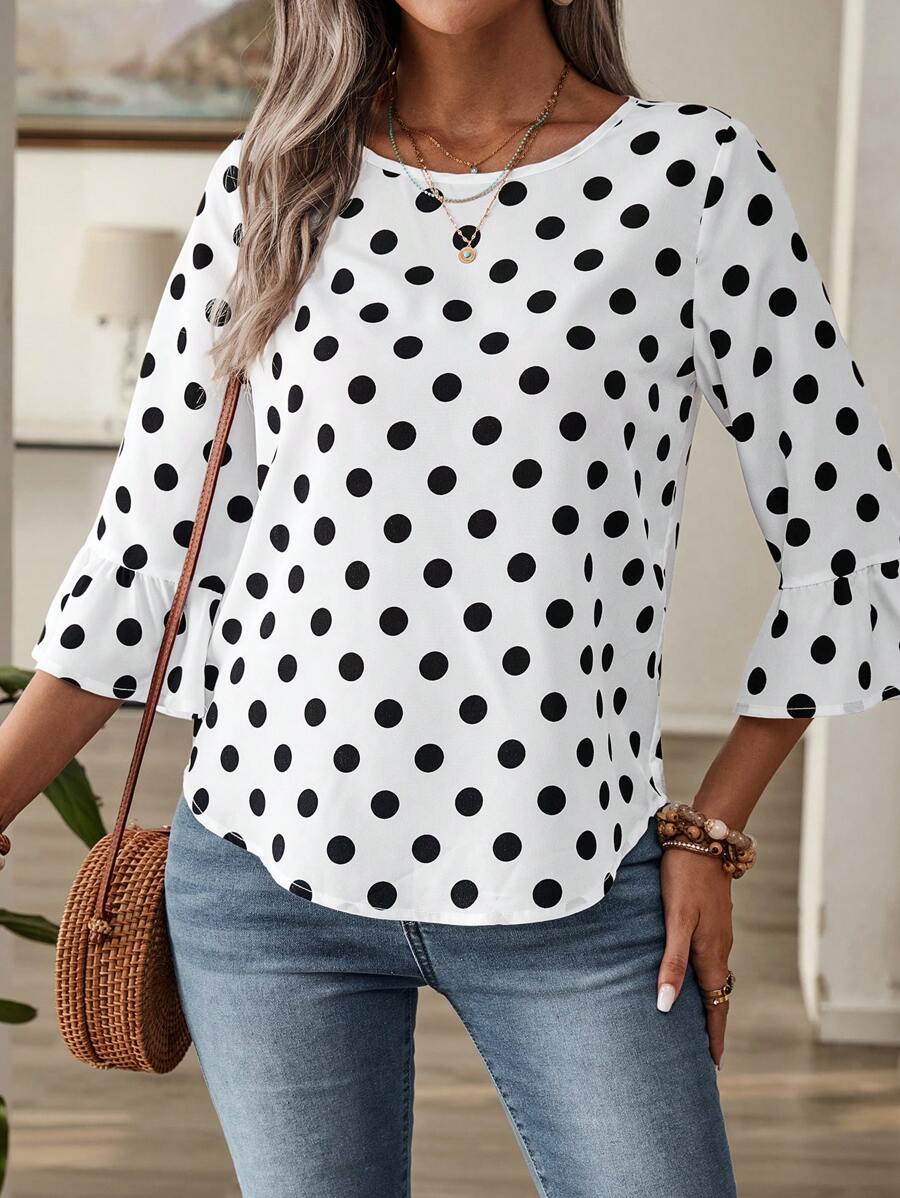 EMERY ROSE 女士鬆緊圓點印花度假時尚襯衫，配備波浪袖 - 白色 - 查看 1