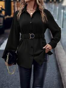 SHEIN LUNE Women's Solid Color Simple Long Sleeve Shirt Fall Cloth For Women - Black - View 5