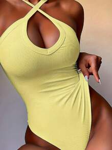 ChicMe Women's Sleeveless Halter Neck Vest Fitted Knit Tank Top Basic Layering Piece For Casual And Chic Outfits Bodysuit - Yellow - View 2