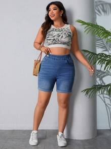 SHEIN LUNE Shorts in denim casual slim fit a vita elastica con tasche per donne taglie forti - Blu lavato medio - Visualizzare 4