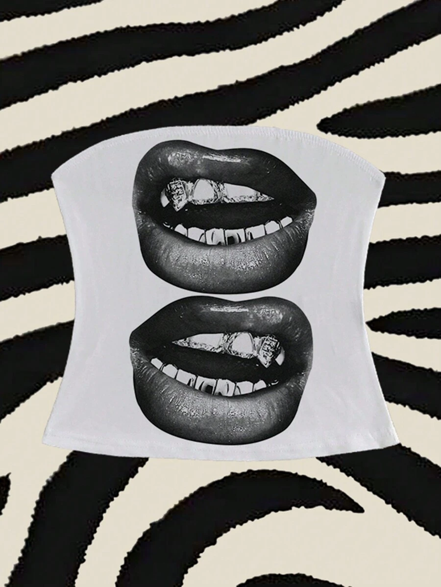 SHEIN EZwear 女款黑色嘴唇印花白色休閒無肩帶修身背心，適合夏季穿著 - 白色 - 查看 1