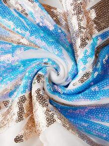 SHEIN Belle 华丽优雅高贵定位亮片蓝色细闪粉拼接网眼单肩长袖透视细节下摆拼接网眼鱼尾形重工宴会礼服女士编码晚礼服适合华丽的晚会、鸡尾酒会、婚礼、返校季、母亲节、音乐节、毕业季、派对女士晚礼服