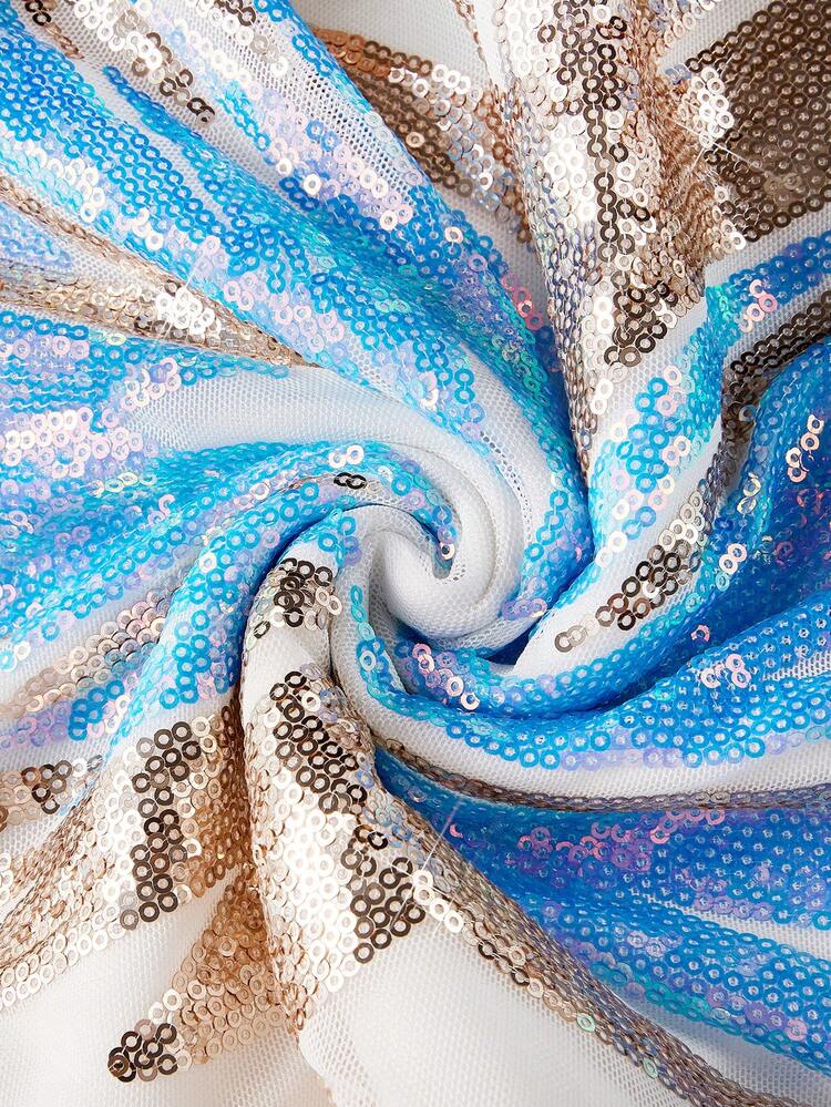 Gorgeous Elegant And Noble Positioning Sequins Blue Fine Glitter Splicing Mesh One-Shoulder Long-Sleeved See-Through Details Lower Hem Splicing Mesh Fishtail-Shaped Heavy Work Banquet Dress Women's Coded Evening Gowns For Glamorous Evening Parties, Cocktail Receptions, Weddings, Back-To-School Seasons, Mother's Day, Music Festivals, Graduation Seasons, Showers Ladies Evening Dress